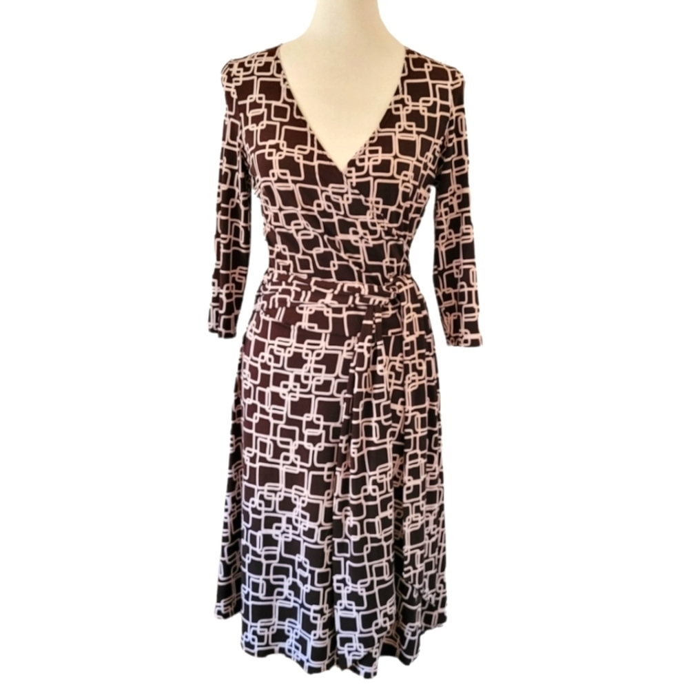 Vintage - 90's‎ Brown and Cream Geometric Big Sash Full Skirt Midi Dress